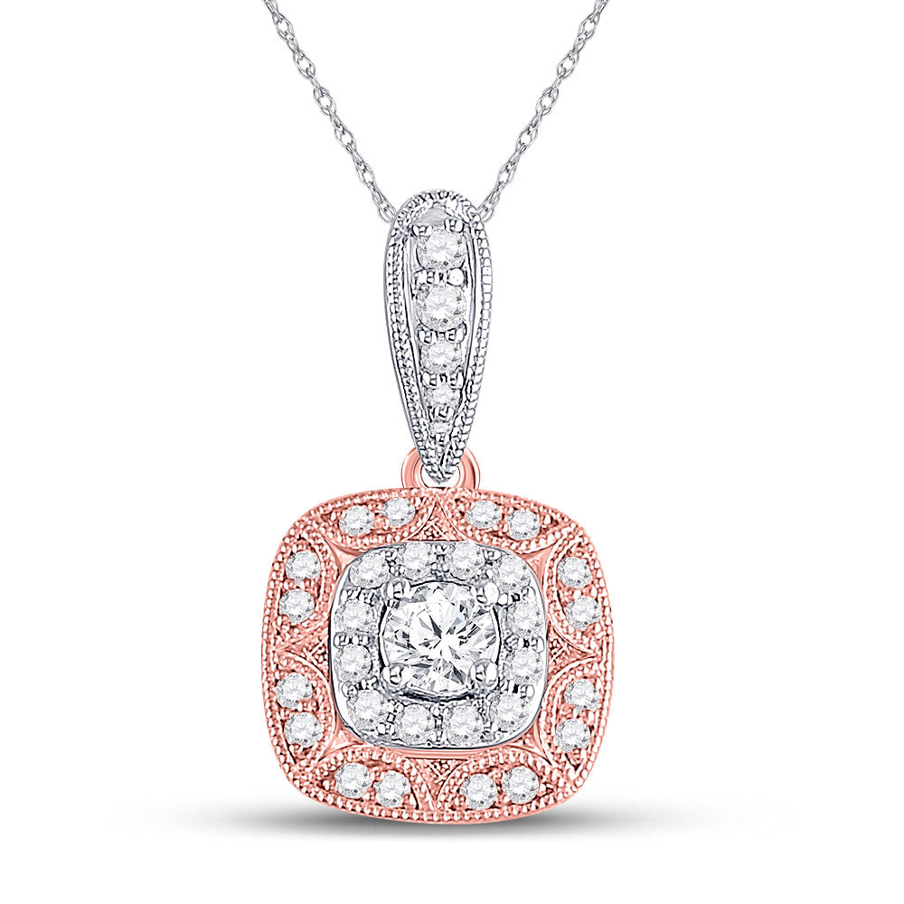 14kt Two-tone Gold Womens Round Diamond Cushion Halo Pendant 3/8 Cttw