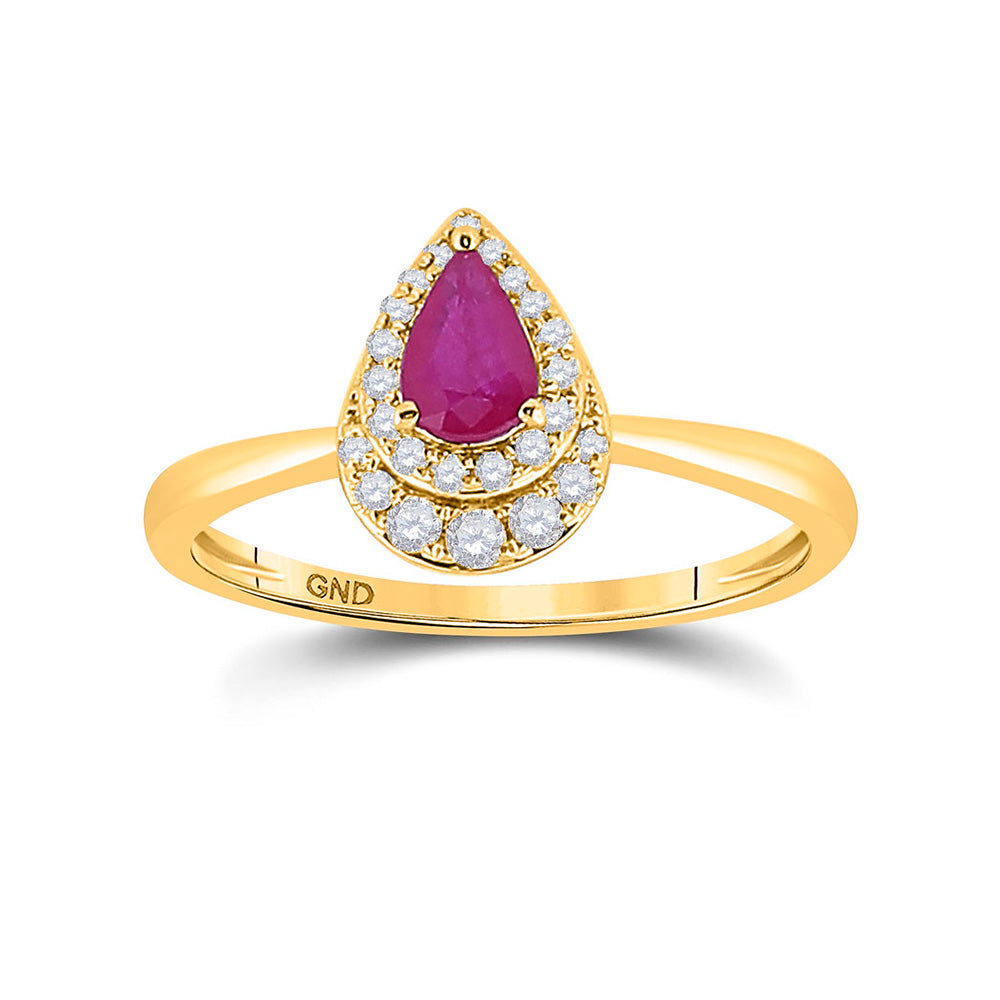 14kt Yellow Gold Womens Pear Ruby Diamond Halo Solitaire Ring 3/4 Cttw