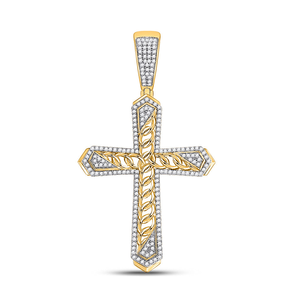 10kt Yellow Gold Mens Round Diamond Cuban Link Cross Charm Pendant 1/2 Cttw