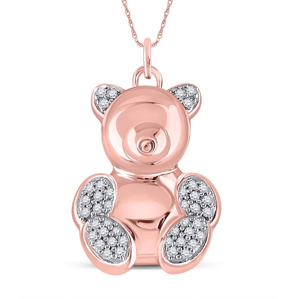 10kt Rose Gold Womens Round Diamond Teddy Bear Animal Pendant 1/10 Cttw