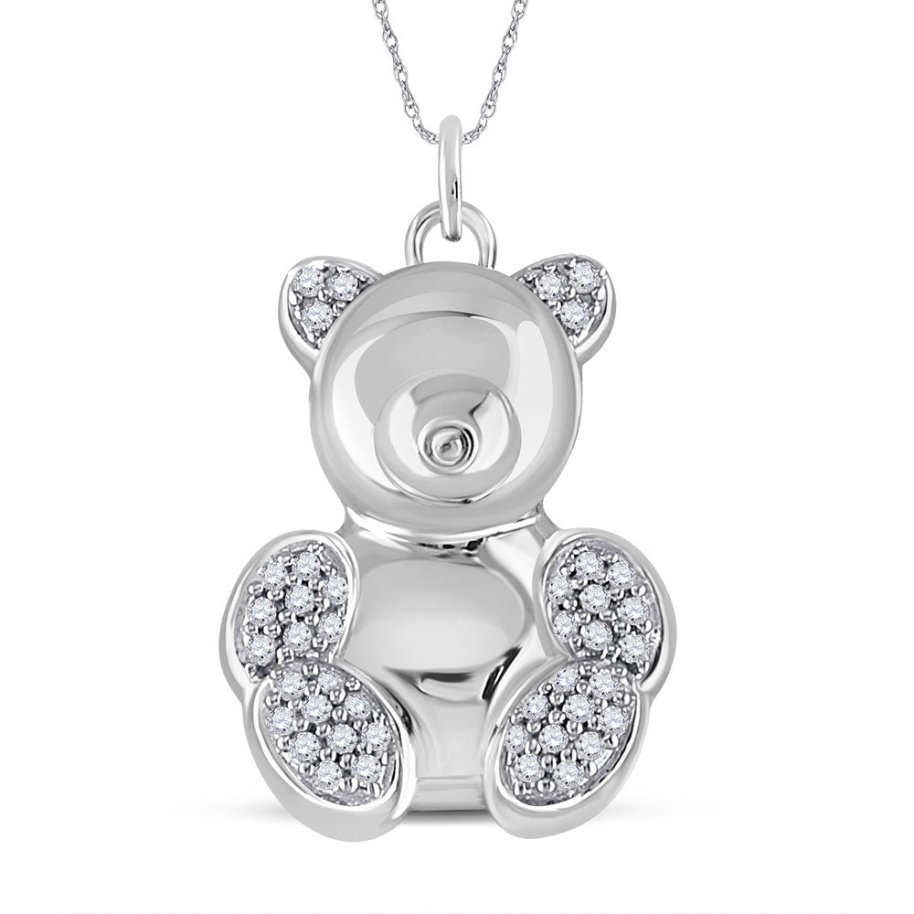 10kt White Gold Womens Round Diamond Bear Animal Pendant 1/10 Cttw