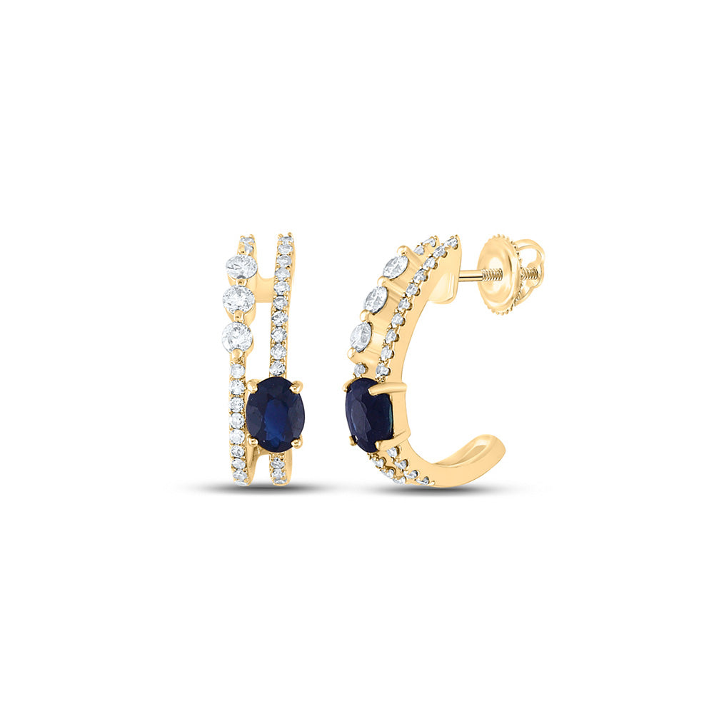 14kt Yellow Gold Womens Oval Blue Sapphire Diamond J Hoop Earrings 3/4 Cttw