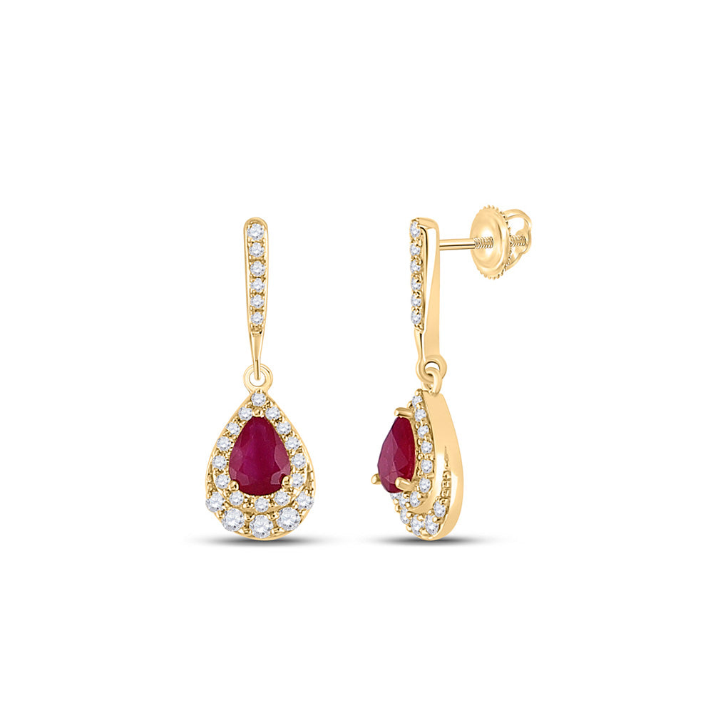 14kt Yellow Gold Womens Pear Ruby Teardrop Dangle Earrings 5/8 Cttw