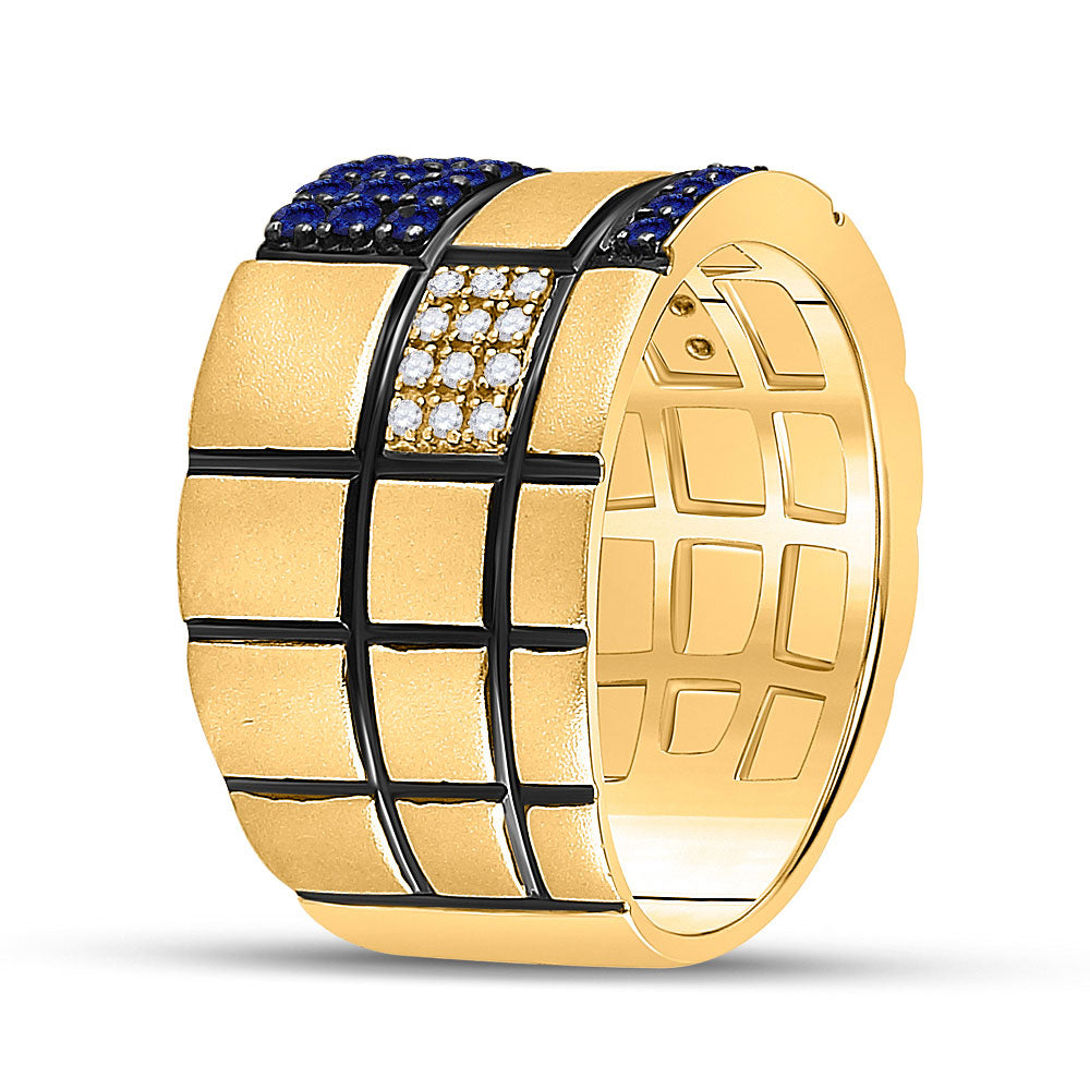 14kt Yellow Gold Mens Round Blue Sapphire Checkered Band Ring 5/8 Cttw