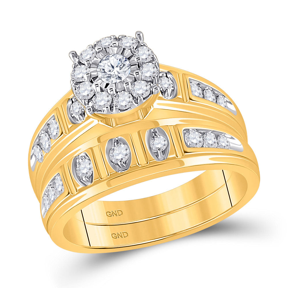 14kt Yellow Gold His Hers Round Diamond Halo Matching Wedding Set 1 Cttw