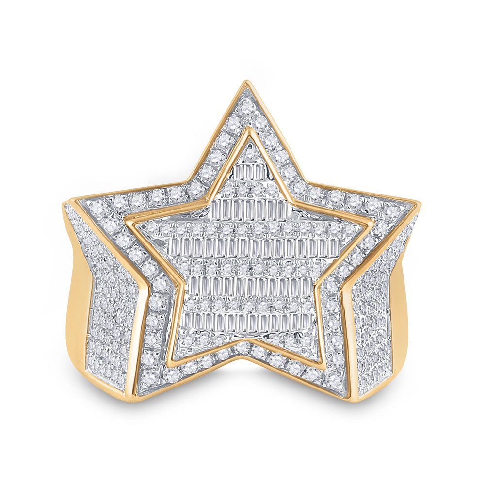 10kt Yellow Gold Mens Baguette Diamond Statement Star Ring 1-1/4 Cttw