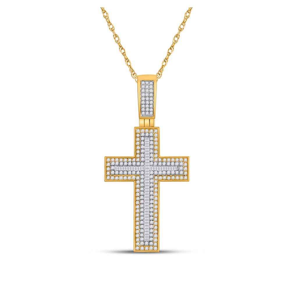 10kt Yellow Gold Mens Baguette Diamond Cross Charm Pendant 1-1/2 Cttw