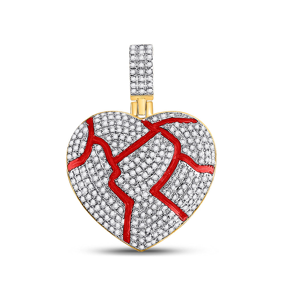 10kt Yellow Gold Mens Round Diamond Red Broken Heart Charm Pendant 3/4 Cttw