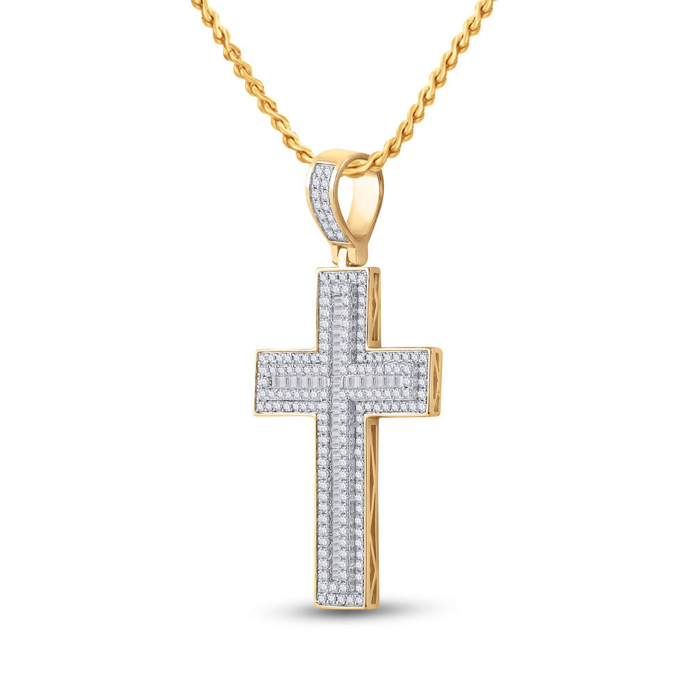 10kt Yellow Gold Mens Baguette Diamond Cross Charm Pendant 2-3/4 Cttw