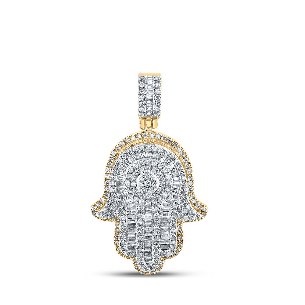 10kt Yellow Gold Mens Baguette Diamond Hamsa Charm Pendant 1 Cttw