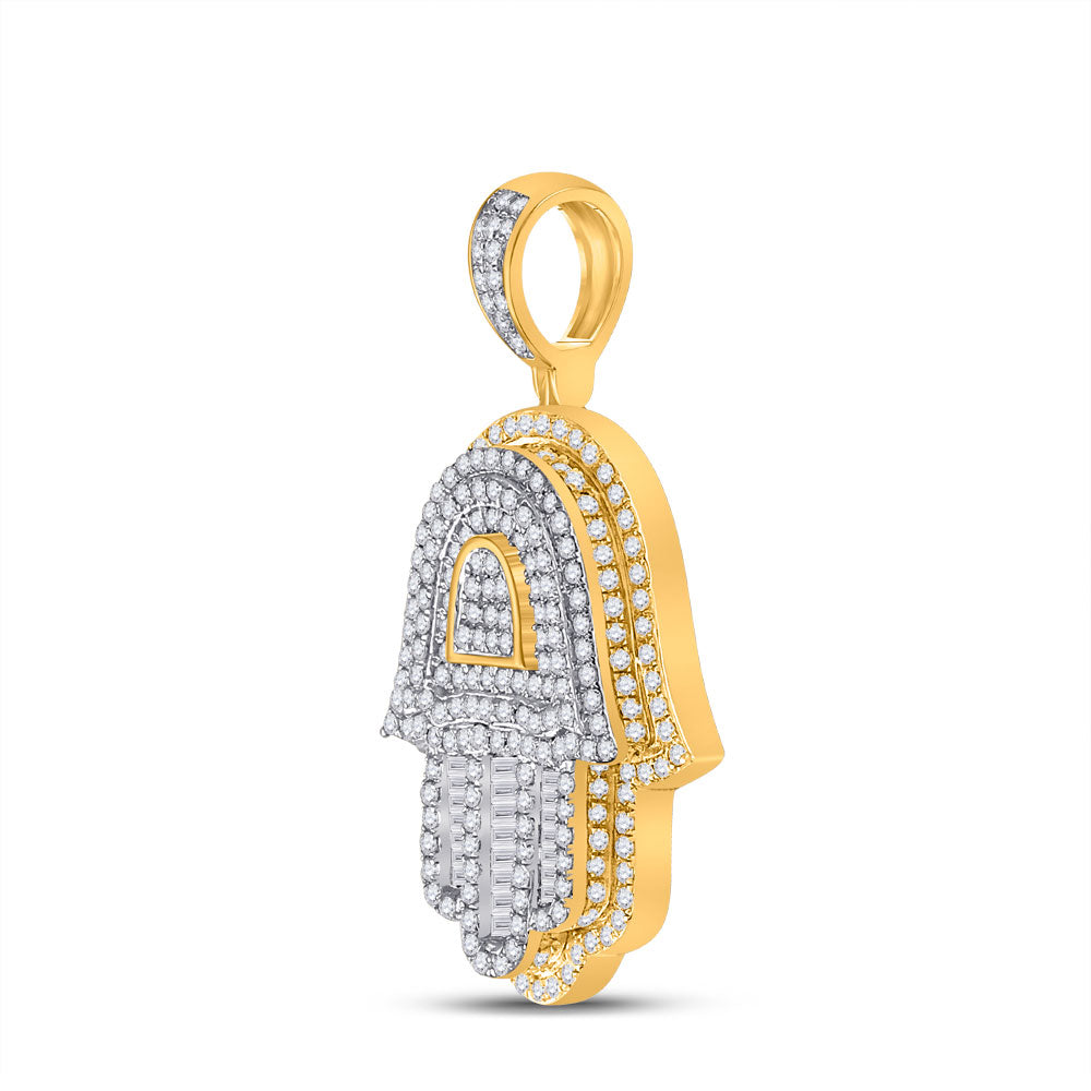 10kt Yellow Gold Mens Baguette Diamond Hamsa Hand Charm Pendant 1-1/3 Cttw