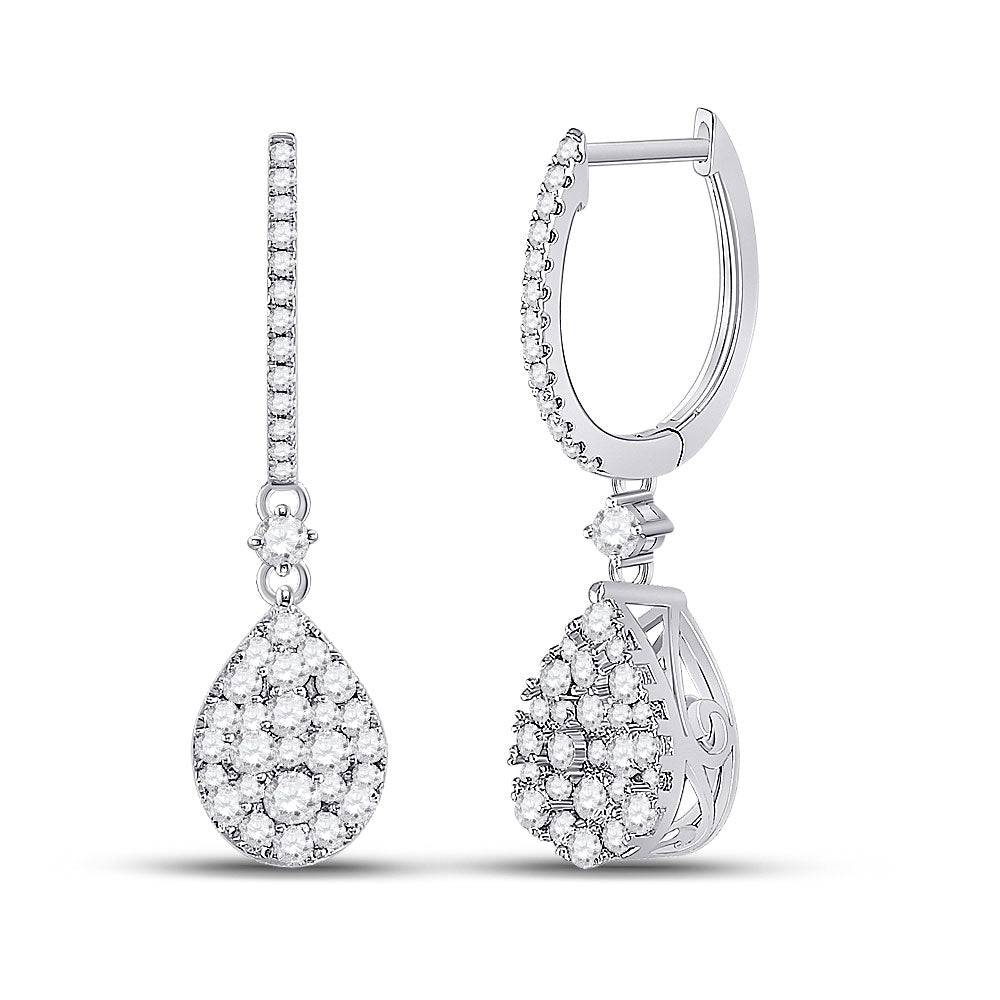 14kt White Gold Womens Round Diamond Hoop Teardrop Dangle Earrings 1 Cttw