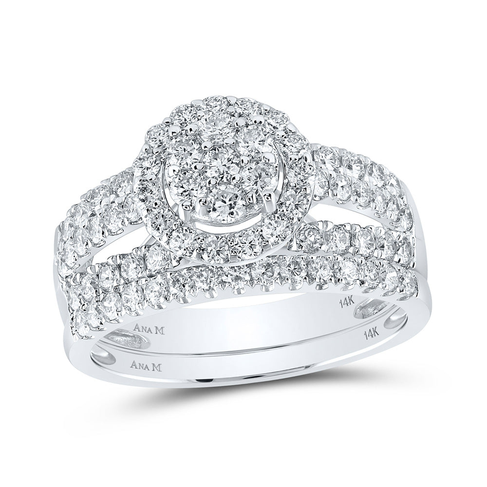 14kt White Gold His Hers Round Diamond Cluster Matching Wedding Set 1-3/4 Cttw