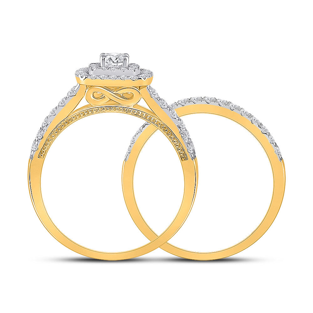 10kt Yellow Gold Round Diamond Halo Bridal Wedding Ring Band Set 1 Cttw