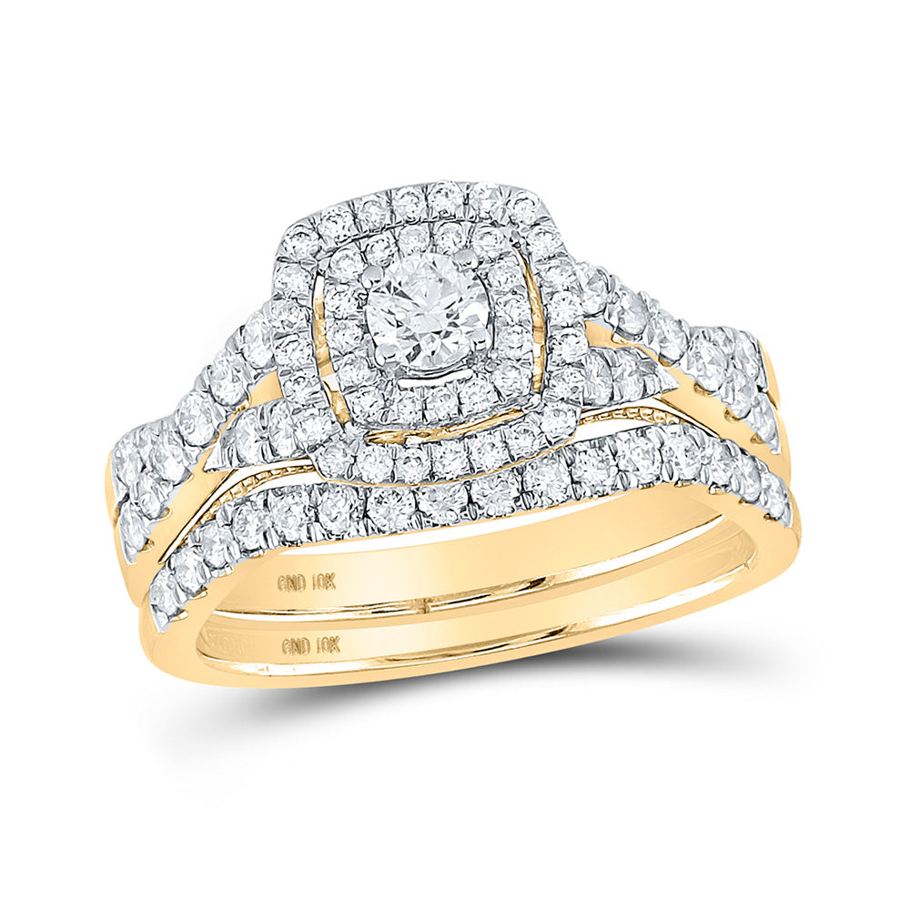 10kt Yellow Gold Round Diamond Halo Bridal Wedding Ring Band Set 1 Cttw