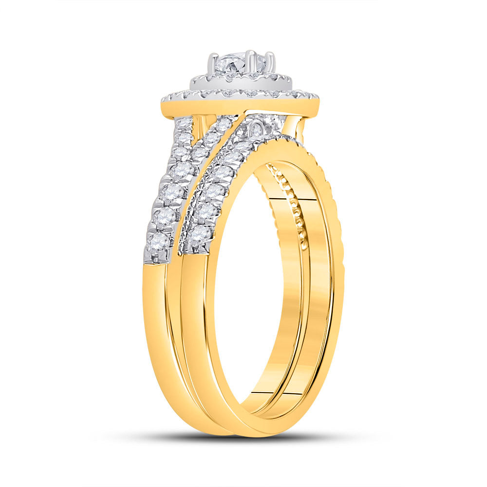 10kt Yellow Gold Round Diamond Halo Bridal Wedding Ring Band Set 1 Cttw