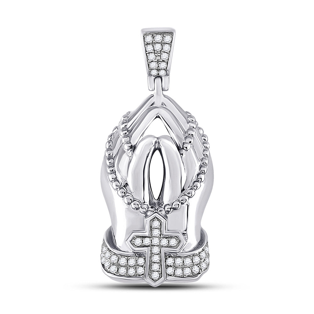 10kt White Gold Mens Round Diamond Praying Hands Rosary Charm Pendant 1/4 Cttw