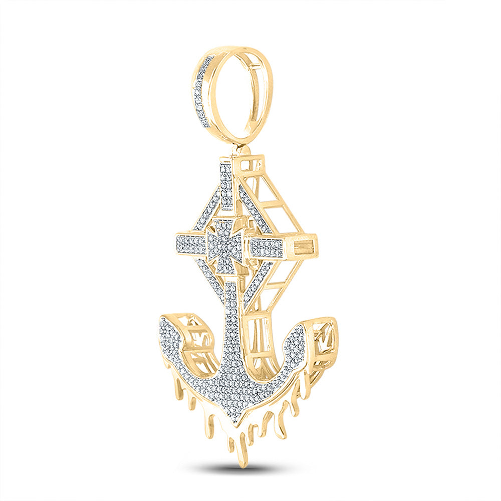 10kt Yellow Gold Mens Round Diamond Anchor Cross Charm Pendant 1/2 Cttw