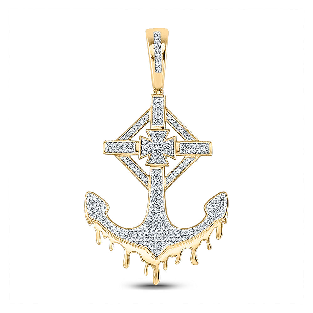 10kt Yellow Gold Mens Round Diamond Anchor Cross Charm Pendant 1/2 Cttw