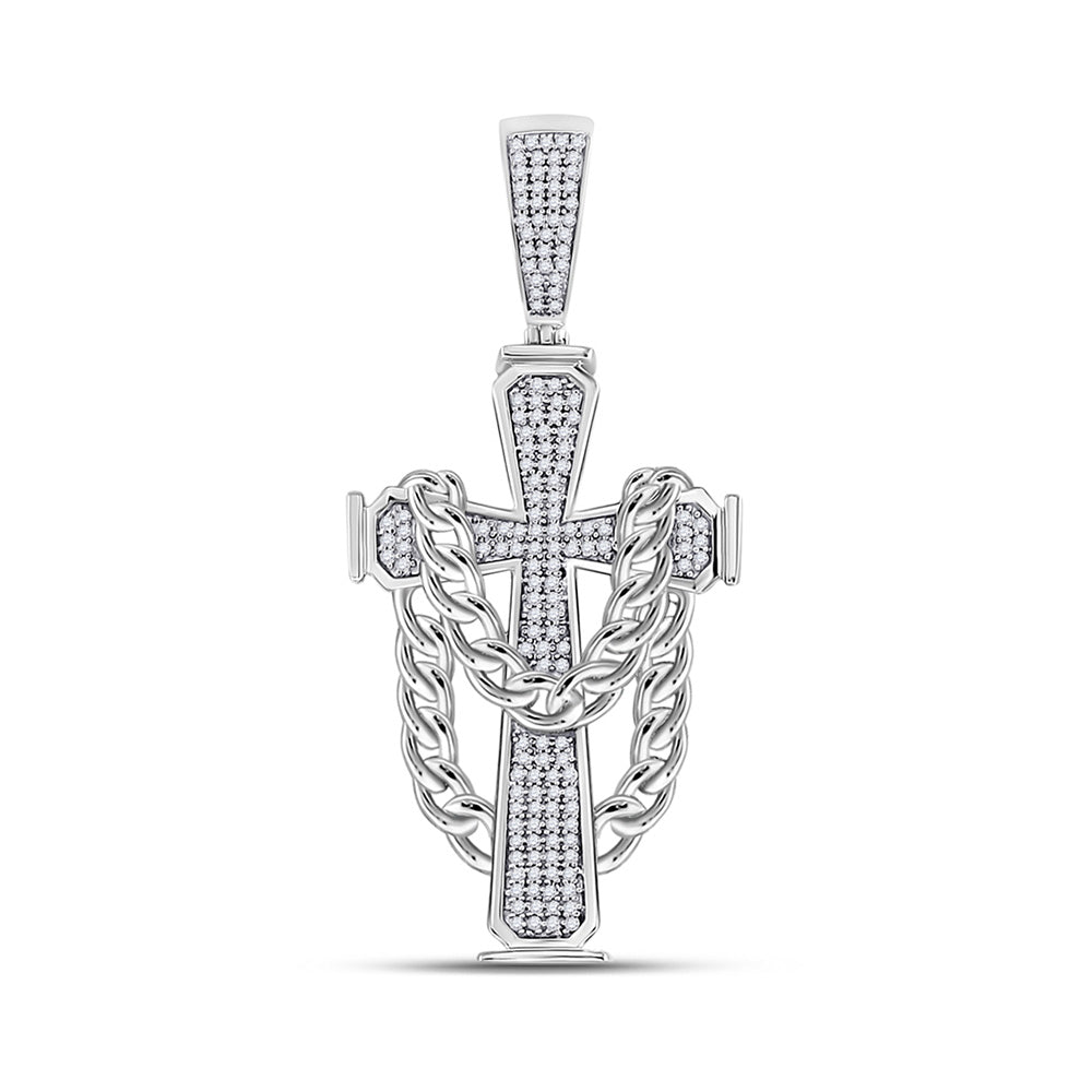 10kt White Gold Mens Round Diamond Cross Charm Pendant 3/8 Cttw