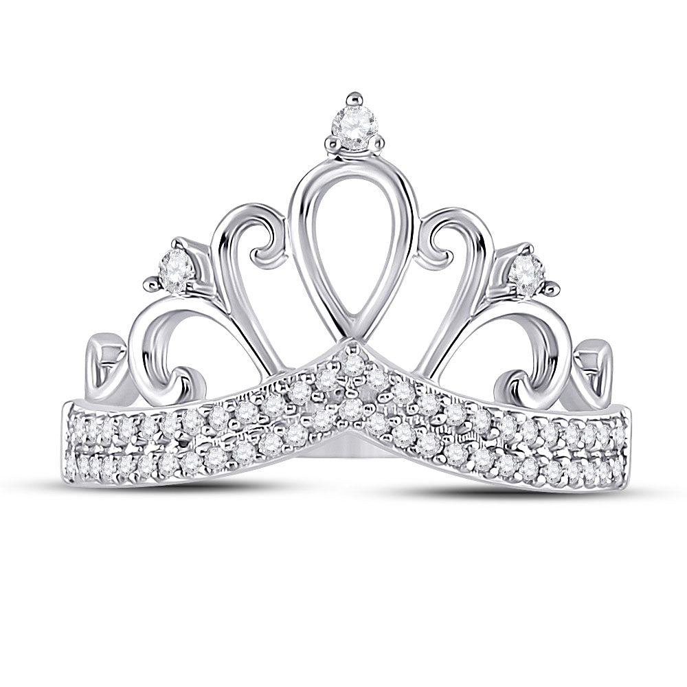 10kt White Gold Womens Round Diamond Crown Tiara Fashion Ring 1/5 Cttw