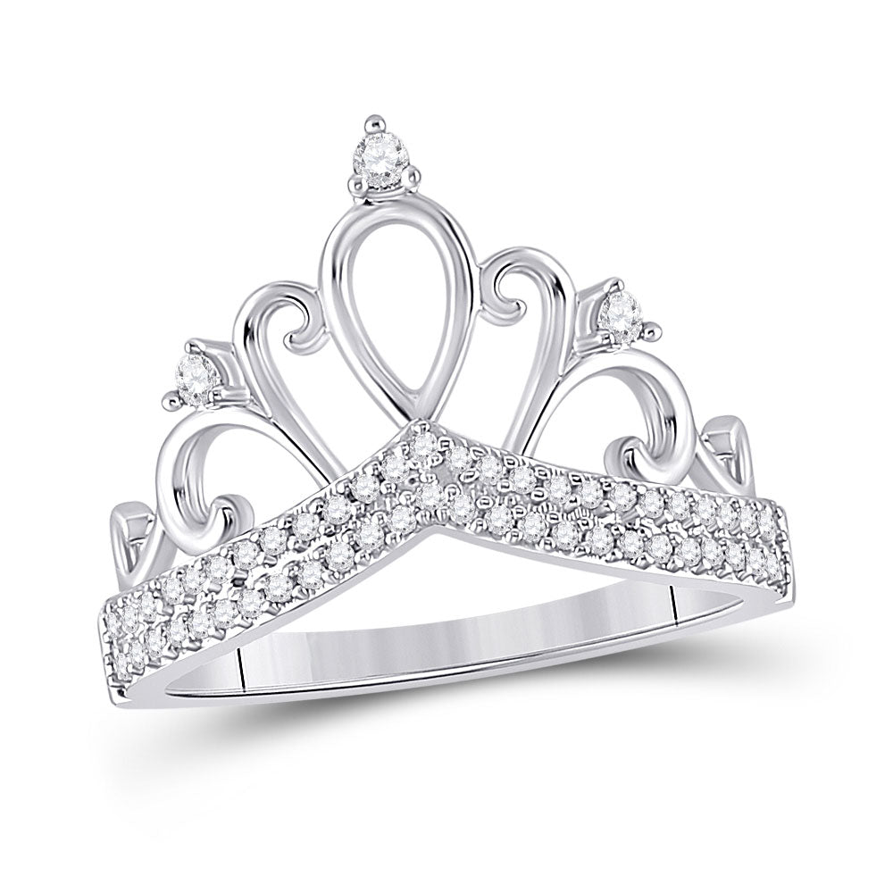 10kt White Gold Womens Round Diamond Crown Tiara Fashion Ring 1/5 Cttw