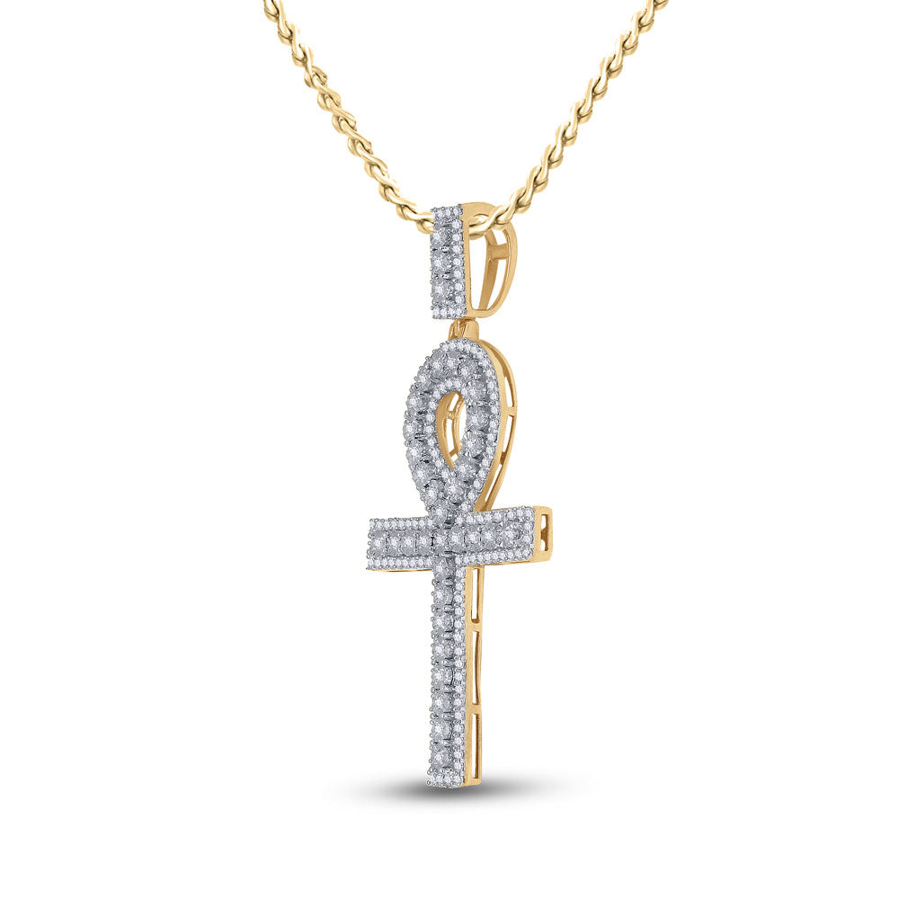 10kt Yellow Gold Mens Round Diamond Ankh Cross Charm Pendant 1 Cttw