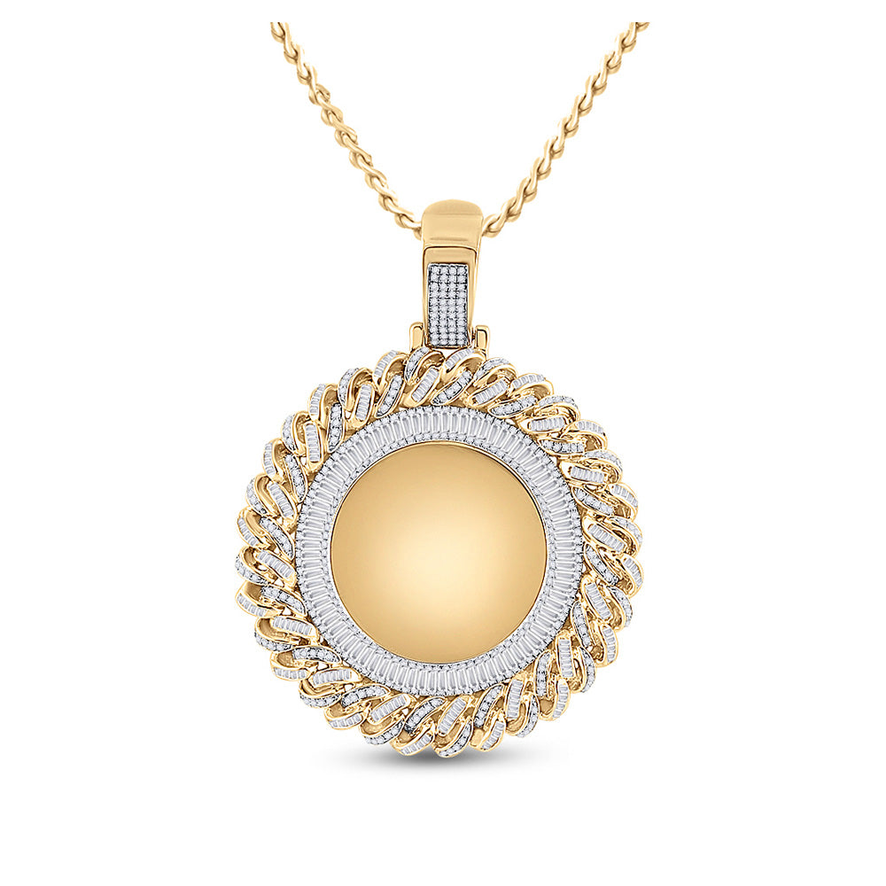 14kt Yellow Gold Mens Round Diamond Cuban Link Circle Picture Memory Pendant 3-1/4 Cttw