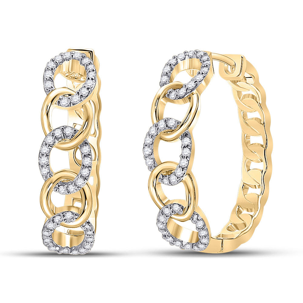 10kt Yellow Gold Womens Round Diamond Cuban Curb Link Hoop Earrings 1/5 Cttw