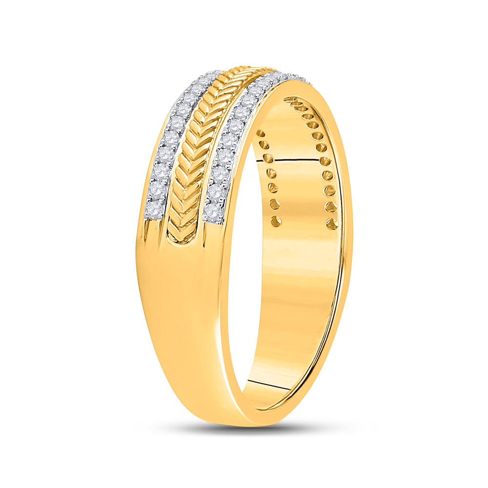 14kt Yellow Gold Mens Round Diamond Wedding Wheat Texture Band Ring 1/3 Cttw