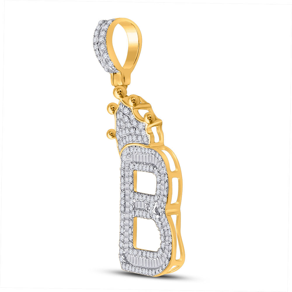 10kt Yellow Gold Mens Baguette Diamond Crown B Letter Charm Pendant 1 Cttw