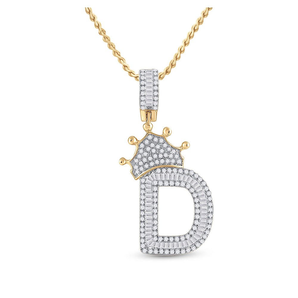 10kt Yellow Gold Mens Baguette Diamond Crown D Letter Charm Pendant 3/4 Cttw