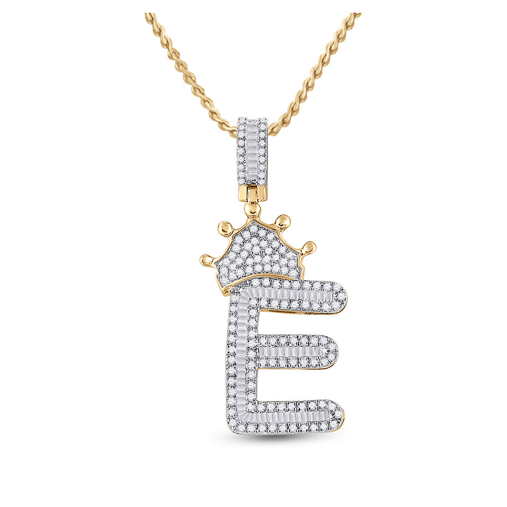 10kt Yellow Gold Mens Baguette Diamond Crown E Letter Charm Pendant 3/4 Cttw