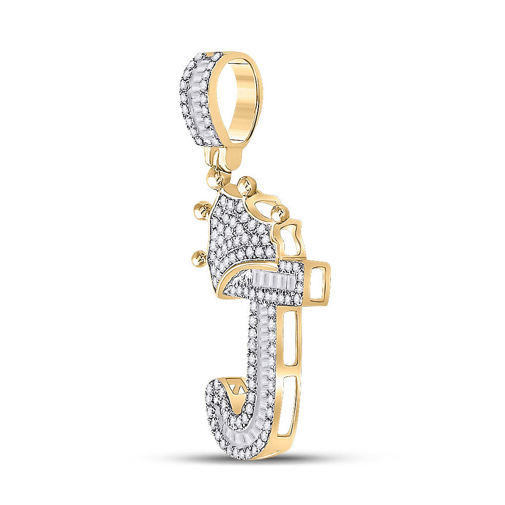 10kt Yellow Gold Mens Baguette Diamond Crown J Letter Charm Pendant 1/2 Cttw