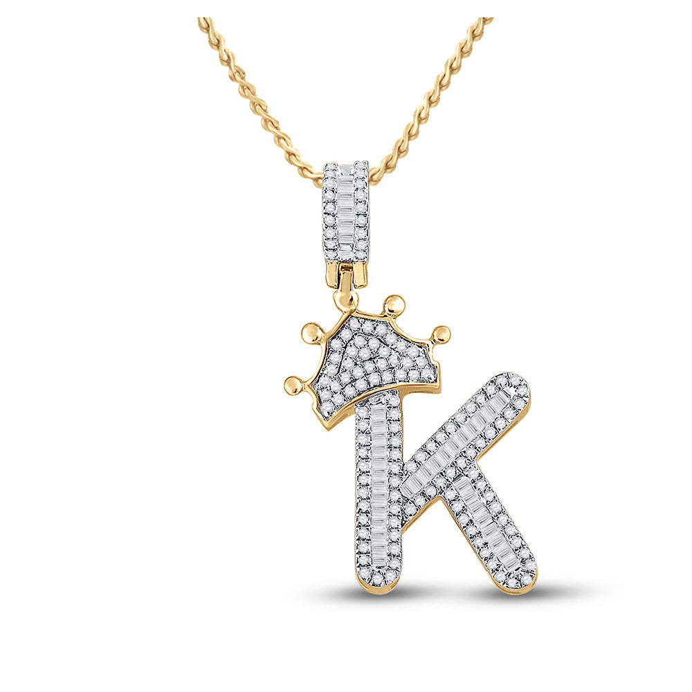 10kt Yellow Gold Mens Baguette Diamond Crown K Letter Charm Pendant 5/8 Cttw