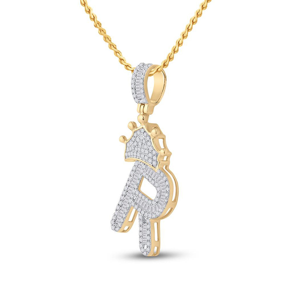 10kt Yellow Gold Mens Baguette Diamond Crown R Letter Charm Pendant 3/4 Cttw