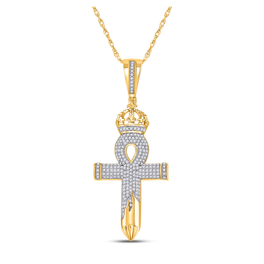 10kt Yellow Gold Mens Round Diamond Ankh Nail Cross Charm Pendant 1/2 Cttw