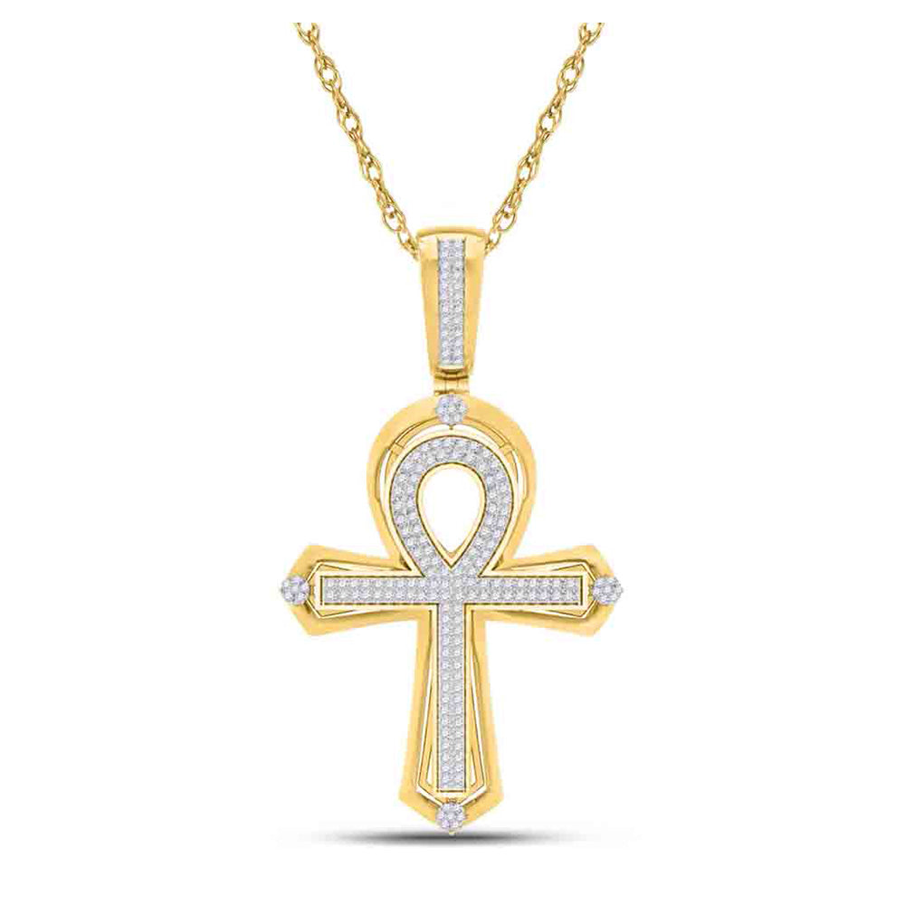 10kt Yellow Gold Mens Round Diamond Ankh Cross Charm Pendant 3/8 Cttw