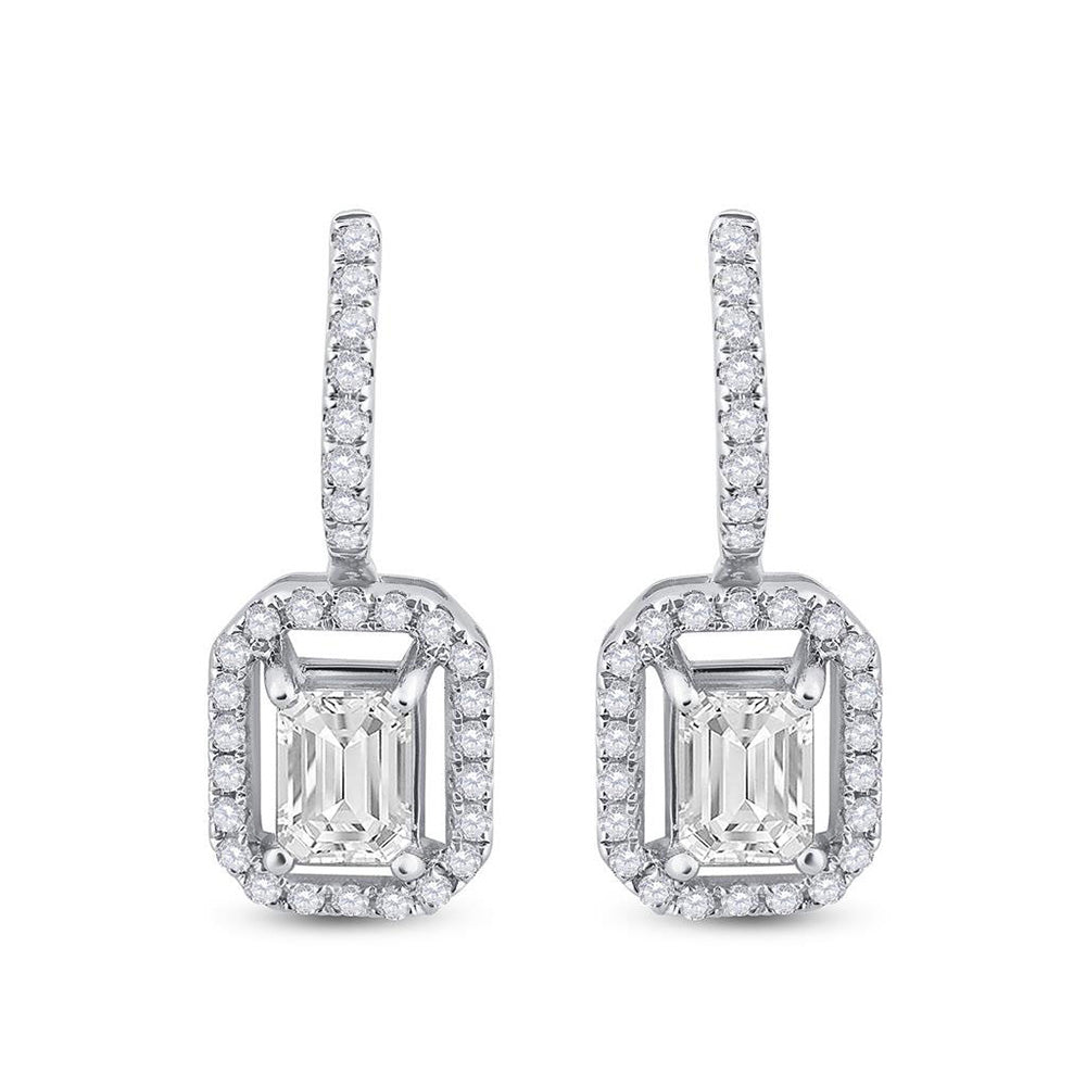 14kt White Gold Womens Emerald Diamond Dangle Earrings 1-1/4 Cttw
