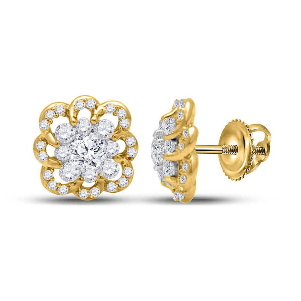 14kt Yellow Gold Womens Round Diamond Flower Cluster Earrings 1/2 Cttw