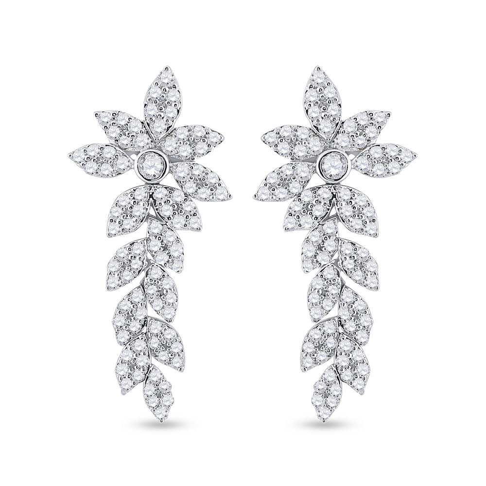 14kt White Gold Womens Round Diamond Leaf Dangle Earrings 1-1/5 Cttw