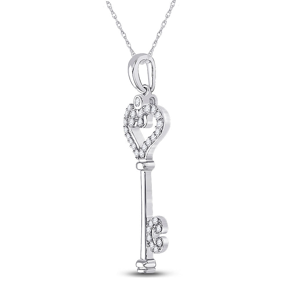 10kt White Gold Womens Round Diamond Key Pendant 1/6 Cttw