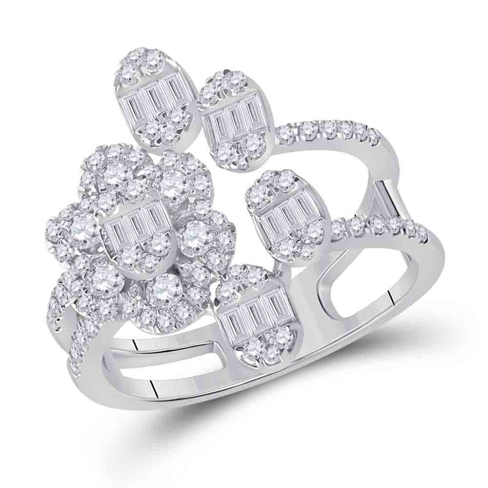 14kt White Gold Womens Baguette Diamond Flower Band Ring 1 Cttw