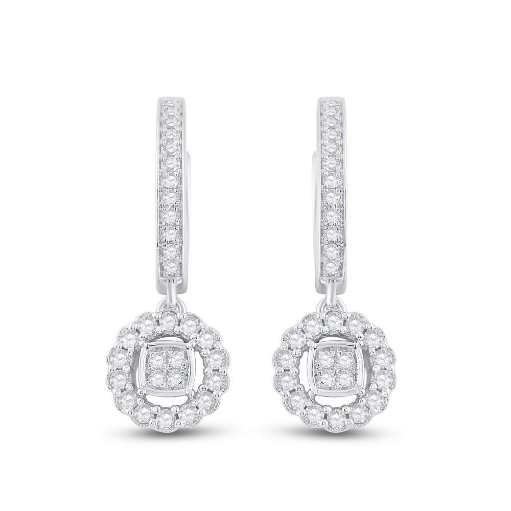 14kt White Gold Womens Round Diamond Hoop Circle Dangle Earrings 1/2 Cttw