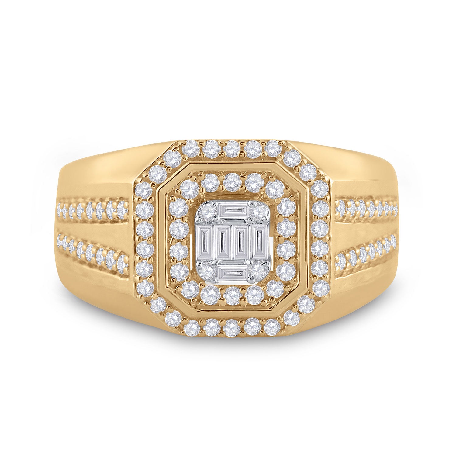14kt Yellow Gold Mens Baguette Diamond Octagon Cluster Ring 3/4 Cttw