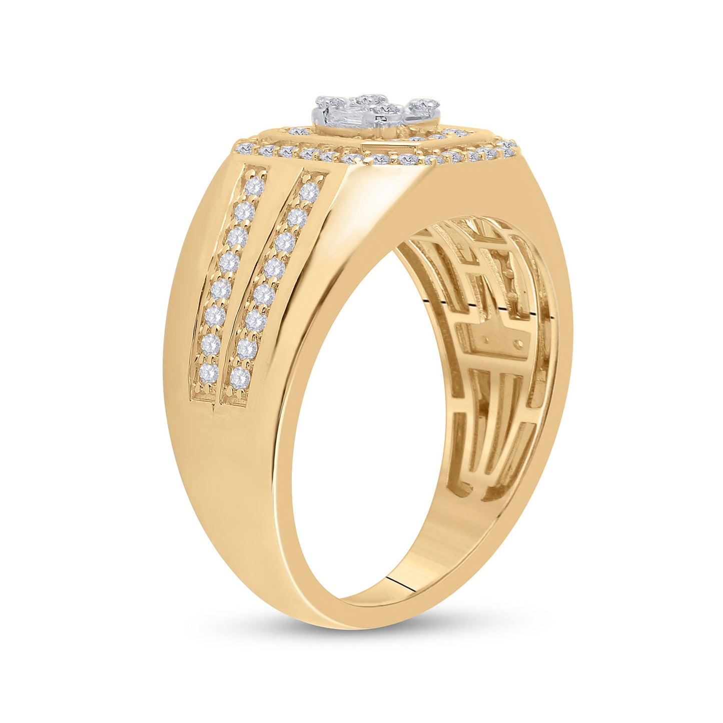 14kt Yellow Gold Mens Baguette Diamond Octagon Cluster Ring 3/4 Cttw
