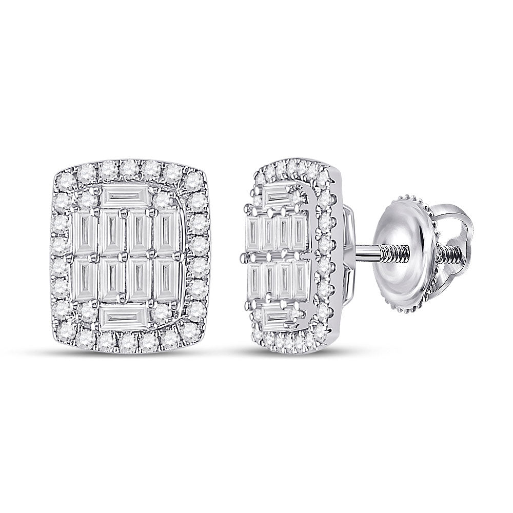 14kt White Gold Womens Baguette Diamond Rectangle Cluster Earrings 1 Cttw