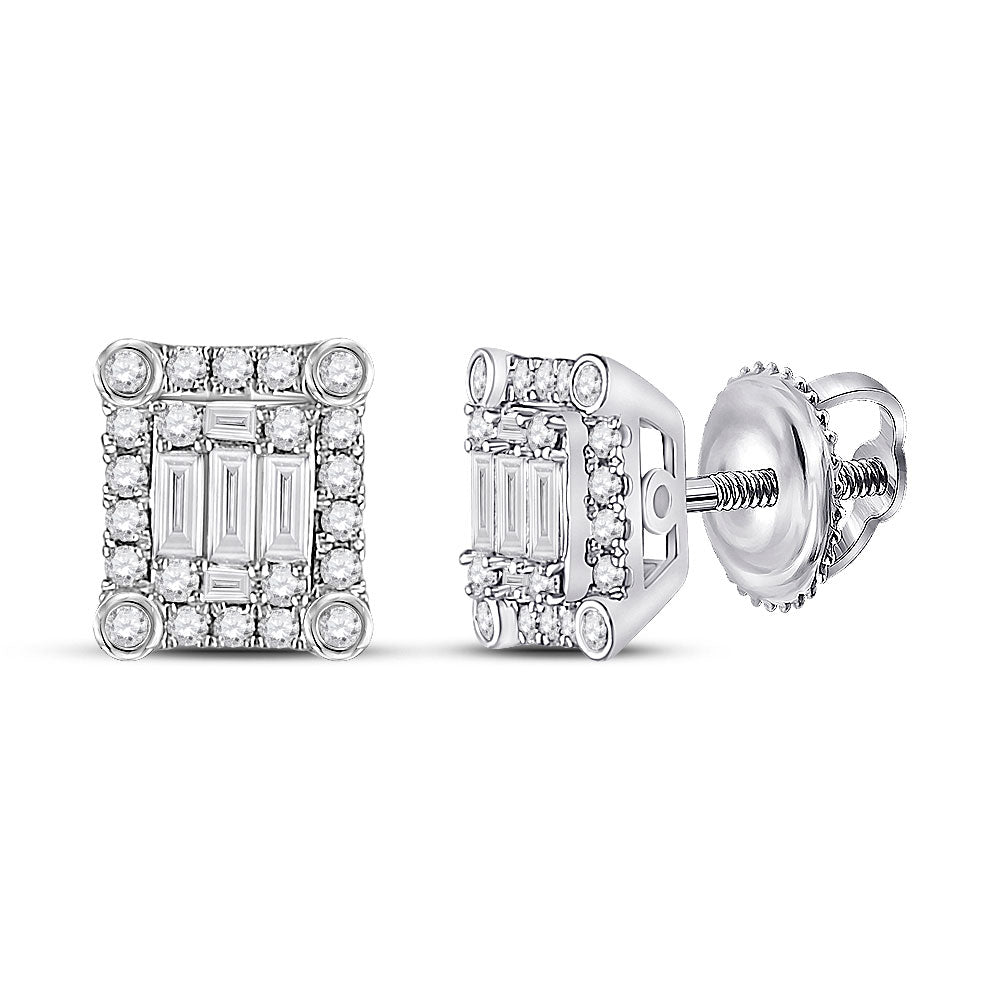 14kt White Gold Womens Baguette Diamond Square Cluster Earrings 3/8 Cttw