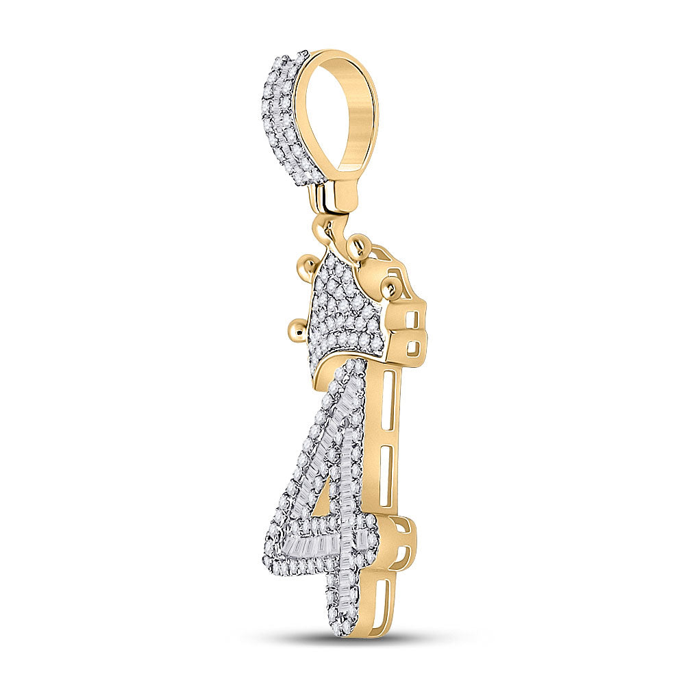 10kt Yellow Gold Mens Baguette Diamond Number 4 Crown Charm Pendant 3/4 Cttw