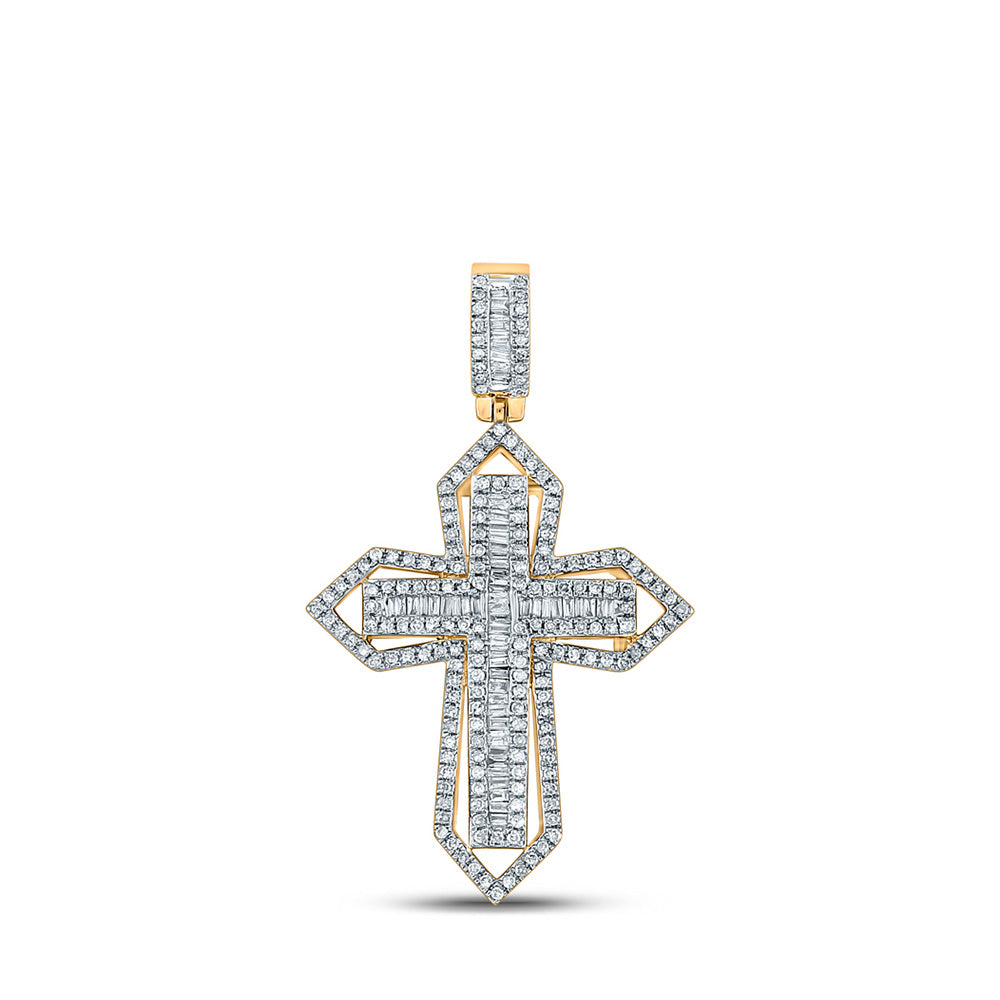 14kt Yellow Gold Mens Baguette Diamond Cross Charm Pendant 7/8 Cttw